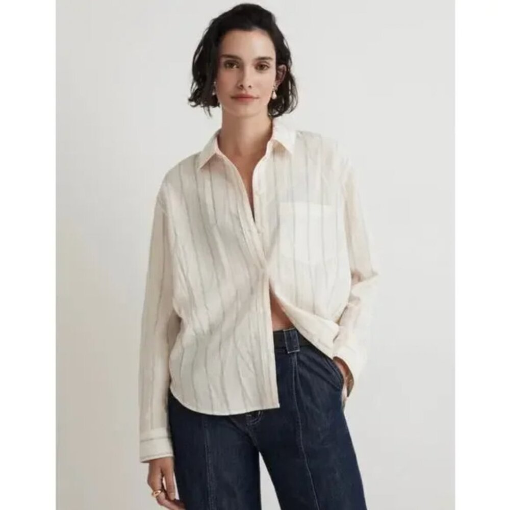 Madewell Drapey Oversized Button Down Striped Relaxed Beige Long Sleeve Shirt